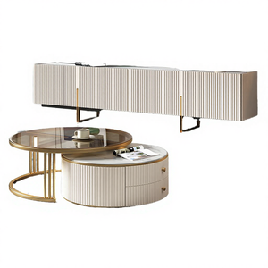 Mueble de TV con Cajones de Madera, Mesa de Centro con Tapa de Cristal y Diseño de Paneles en Estilo Nórdico Moderno <span class=keywords><strong>para</strong></span> Sala de Estar de Alta Gama - Product Image 4