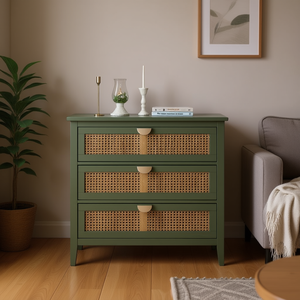 Meuble américain, armoire à 3 tiroirs, rotin vert, armoire de rangement moderne pour salon et chambre à coucher - Product Image 2