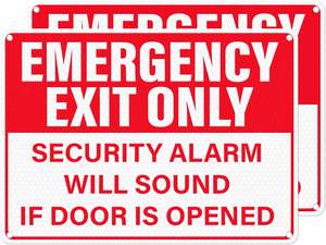 Placa de Sinalização de Saída de Emergência Apenas - Alarme Sonoro se Aberta - Alumínio Reflexivo 10x7'' - À Prova d'Água e Pré-Furada para Ambientes de Trabalho - Product Image 3