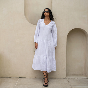 Vestido Maxi de Lino y Algodón Blanco Liso para Mujer, Cuello en V, Manga Larga, Estilo Bohemio, Holgado, Línea A, Casual, Verano - Product Image 1