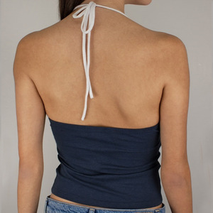 Tops <span class=keywords><strong>Halter</strong></span> con cuello en V personalizados para mujer, corsé <span class=keywords><strong>blanco</strong></span> Y2K, camiseta sin mangas ajustada de línea negra para trajes de verano, pantalones cortos de estilo dulce - Product Image 6