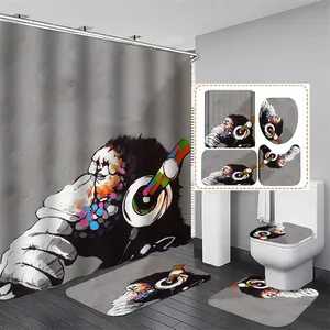Conjunto de cortina de chuveiro de animais engraçados com estampa de tecido de poliéster grosso porco urso panda macaco dragão