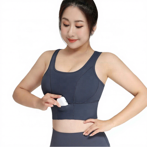 Sujetador Deportivo de Cuello Alto para Mujer, Talla Grande, con Bolsillo Frontal, Gris Oscuro, Transpirable, Elástico en Cuatro Direcciones, con Copas Cosidas, para Entrenamiento y Yoga - Product Image 1