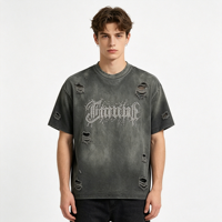 T-shirt graphique vintage déchiré en coton tricoté 100% coupe ample avec strass, style streetwear, séchage rapide, personnalisé Kornit DTG pour homme, OEM