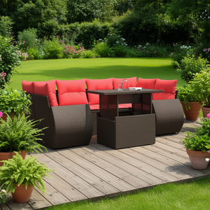 7 Piece Brown Poly <b>Rattan</b> Garden <b>Sofa</b> Set With Cushions Outdoor Furniture Contemporary Design - Product Image 2
