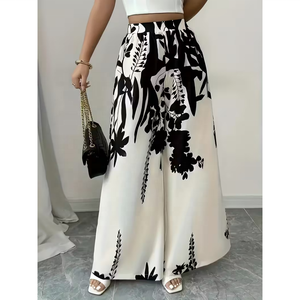 Collection d'été : Pantalon droit taille mi-haute respirant pour femme, imprimé à l'encre, coupe ajustée, jambes larges, conçu pour adultes - Product Image 1