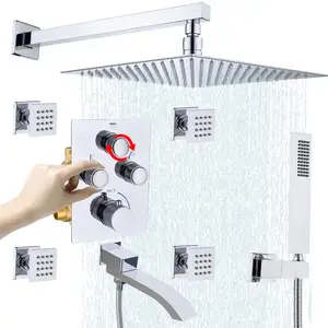 Polished Chrome 12 Inch Showerhead 3 Way Concealed Rain Thermostatic Bathroom Rainfall Shower Faucet System Set With Tub Spout