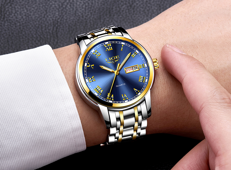 LIGE — montre-bracelet de luxe en acier inoxydable pour homme, étanche, en acier inoxydable, à Quartz, avec Date et heure, horloge