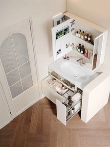 Cream colored double-layer storage waterproof and moisture-proof all aluminum intelligent <b>mirror</b> cabinet bathroom cabinet - Product Image 3