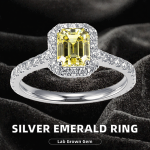 Yellow <b>Emerald</b> Cut Lab Grown Diamond Halo <b>Ring</b> S925 Sterling <b>Silver</b> Rhodium Plated Women Engagement Wedding Band - Product Image 2