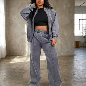 Ensemble de survêtement pour femmes grande taille, couleur unie, avec poches latérales, fermeture éclair, col rabattu, coupe ample décontractée, vêtements d'automne - Product Image 3