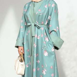 2026 Venta al por mayor: Elegante mono Abaya floral abierto para mujer, diseño modesto, gabardina de poliéster para otoño, <span class=keywords><strong>ropa</strong></span> musulmana de moda - Product Image 6