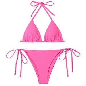 2026 <span class=keywords><strong>Maillot</strong></span> de bain deux pièces sexy pour femme, style européen-américain, à col licou, froncé, à bonnets profonds, couleur unie rouge rose, coupe ajustée, direct usine - Product Image 1