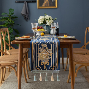 <span class=keywords><strong>Chemin</strong></span> <span class=keywords><strong>de</strong></span> <span class=keywords><strong>table</strong></span> long bleu moderne <span class=keywords><strong>de</strong></span> luxe 32x220 32x240 en chenille jacquard avec plusieurs glands - Product Image 4