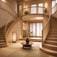 Escalier à double rampe pour villa de luxe avec marches en bois élégantes et structure métallique sur mesure