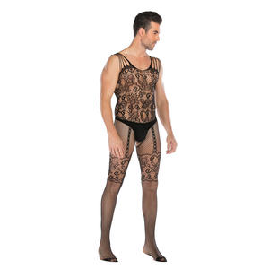 Usine nouvelle Lingerie pour hommes mince Transparent Paisley Floral maille noir résille body Sexy tricoté tissage - Product Image 3