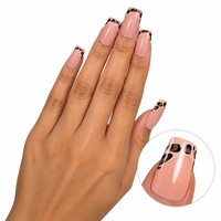 Faux ongles à presser personnalisés imprimé léopard, forme cercueil moyenne, French manucure, motif animal, nude brillant, en gel ABS, vente en gros OEM