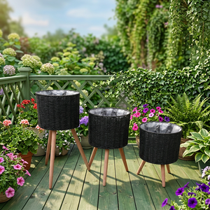 Macetas de Piso Rústicas Hechas a Mano con Patas de Madera, Cestas de <span class=keywords><strong>Mimbre</strong></span> y Ratán, Macetas Tejidas para Decoración del Hogar y Jardín - Product Image 3