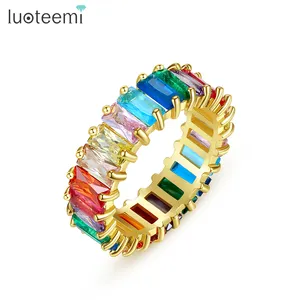 LUOTEEMI Cubic Zirconia Anniversary Eternity Ring Ggold Plated Jewelry Crystal CZ Multi-Colored Stone Diamond Rainbow Ring