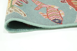 Alfombra Turca Oushak Moderna Hecha a Mano con Diseño de Peces, Decoración Náutica para Habitación Infantil, Detalles en Azul Agua - Product Image 2