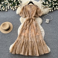 Robes d'été décontractées pour femme 2026 – Robe brodée en dentelle à manches bouffantes, taille nouée, coupe trapèze, taille haute, mode bureau, vêtements féminins