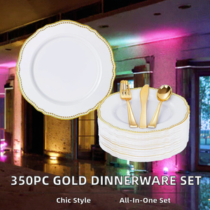 Service de table Hioasis 350 pièces en plastique transparent doré sans BPA, comprenant 5 assiettes plates, 5 assiettes à dessert, 5 tasses, 5 pièces pour mariage - Product Image 2