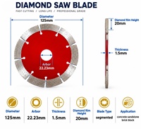 Lame de scie diamantée segmentée industrielle de 125 mm, alésage de 22,23 mm, épaisseur de 1,5 mm, hauteur de rebord de 20 mm, haute efficacité pour béton et grès