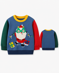 <span class=keywords><strong>Sweat</strong></span>-shirt de Noël 2026 pour garçons, pull colorblock avec applique Père Noël brodée, en coton, col rond, pour enfants, OEM - Product Image 1