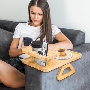 Baki Sofa bambu lapisan ganda, klip dudukan ponsel pada meja dengan pemegang cangkir dan pemegang ponsel - Product Image 2