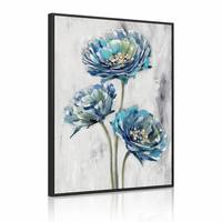 Lukisan Dinding Kanvas Impasto Bunga Biru Berbingkai Grosir, Bingkai Hitam, Lukisan Minyak Abstrak Peony Cyan Navy, Tiga Bunga Bertekstur