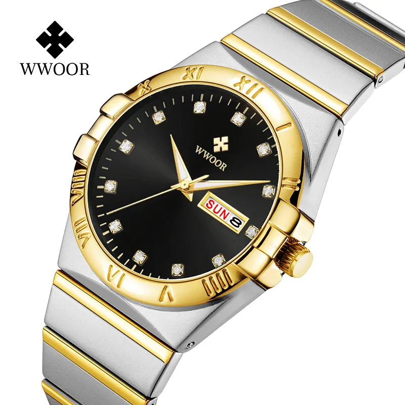 Top Brand WWOOR 8885 uomo orologio al quarzo di lusso in acciaio inossidabile Business montre homme semplice calendario orologio di visualizzazione della settimana