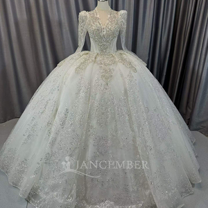 Lscm93 Luxury Ball Gown <b>Wedding</b> Dress Deep V Illusion Neck Crystal Beaded Long Sleeve Bridal Gown Glitter Jancember - Product Image 6