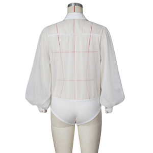 Body de mujer estilo retro sexy con volantes y mangas abullonadas de malla transparente, a la moda - Product Image 4