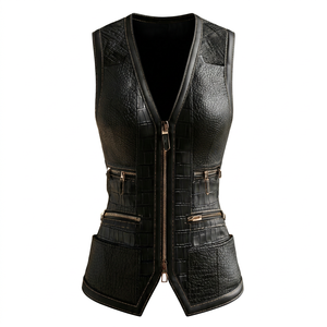 Women's <b>Black</b> Genuine Leather Lightweight Moto <b>Vest</b> V-Neck Zipper Front Stand Collar Solid Multiple Pockets High Street - Product Image 1