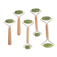 Rouleau de jade naturel en quartz rose avec manche en bois, têtes simples/doubles à picots, cadre métallique, anti-rides pour les yeux et le cou
