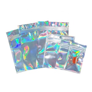 100 Uds. Bolsas impresas personalizadas con logotipo de regalo holográfico papel de aluminio con cierre de cremallera embalaje de plástico transparente bolsa de Mylar para <span class=keywords><strong>ropa</strong></span> cosmética - Product Image 5