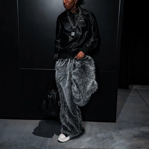 Pantalones de chándal de Mohair apilados de color gris desteñido de pierna ancha, ropa de calle esponjosa de piel pesada personalizada de cintura alta - Product Image 3