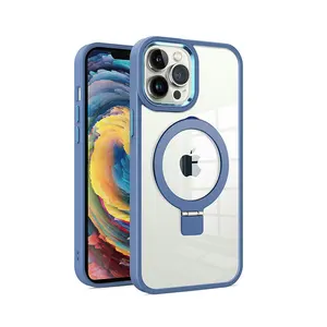 Trend Crystal Clear Rotatable Magnetic Suction Bracket Kickstand Shockproof Phone Case For iPhone 14 15 Pro Max 14 15 Plus