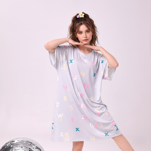 Loose Fit Long Nightgown <b>Women</b> Ice <b>Silk</b> Sleepdress Casual Short Sleeve Nightwear Letter Graphic Oversized Loungewear - Product Image 1