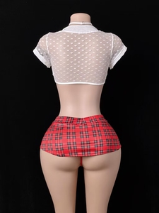 Disponibile - Novità 2026: Set Lingerie Esotica Trasparente per Cosplay - Top Camicia a Quadri e Minigonna con Perizoma - Perfetto per Giochi di Ruolo Sexy - Product Image 2