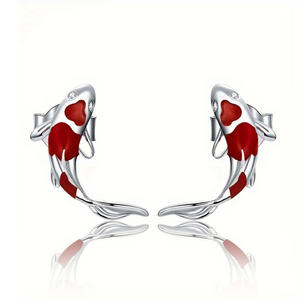 Pendientes de Pescado Koi en Oro Blanco, Plateados en Plata con Piedra Roja, Diseño Animal, Joyería de Moda para Mujer, Regalo - Product Image 1
