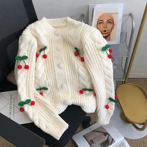 Tùy Chỉnh Hàng Dệt Kim Nhà Sản Xuất Phụ Nữ Dễ Thương 3D Ấm Cúng Trắng Cáp Đan Mở Phía Trước Anh Đào Cardigan Áo Len Cho Phụ Nữ - Product Image 3