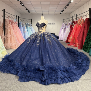 Vestido de Quinceañera Azul Marino con Lentejuelas y Hombro Descubierto, Modelo 1560 Glitter - Product Image 2