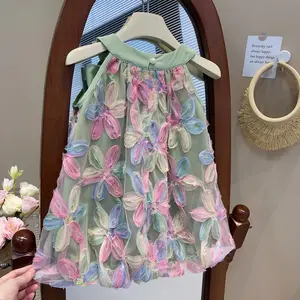 2023 새로운 유아 아이 소녀 민소매 얇은 명주 그물 꽃 활 공주 드레스 핑크 그린 2-7 년