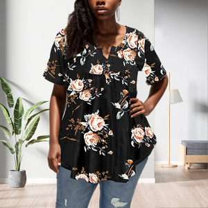 Penjualan Grosir Langsung Kemeja Kasual Musim Panas Ukuran Besar V-neck Kancing Motif Bunga Longgar - Product Image 4