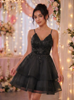 Robe de bal à sequins pour femme, robe de soirée en tulle sans manches, col en V personnalisé, appliques en dentelle, robe de soirée de luxe 2026
