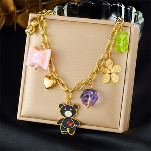 Cartoon Multi Element Gold Plated <b>Bear</b> <b>Flower</b> Heart Pendant Metal Chain Necklace Gift Jewelry - Product Image 1