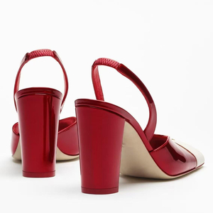 Sapatos Femininos com Tira Traseira, Salto Alto Grosso, Scarpin Patchwork, Sandálias Slingback de Bico Quadrado com Cores Vibrantes e Acabamento Brilhante - Product Image 5