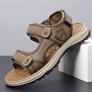 Men's Flat <b>Sandals</b> Gray Khaki Velcro Closure Breathable Non-slip Soft Sole Outdoor Casual Beach Shoes Adult Size 40-45 - Product Image 1