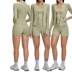 Women's Solid Activewear Set Sport Shorts <b>Long</b> <b>Sleeve</b> Zipper Jacket Tank <b>Top</b> Quick Dry Breathable 2 Piece Yoga Workout Set Waist - Product Image 3
